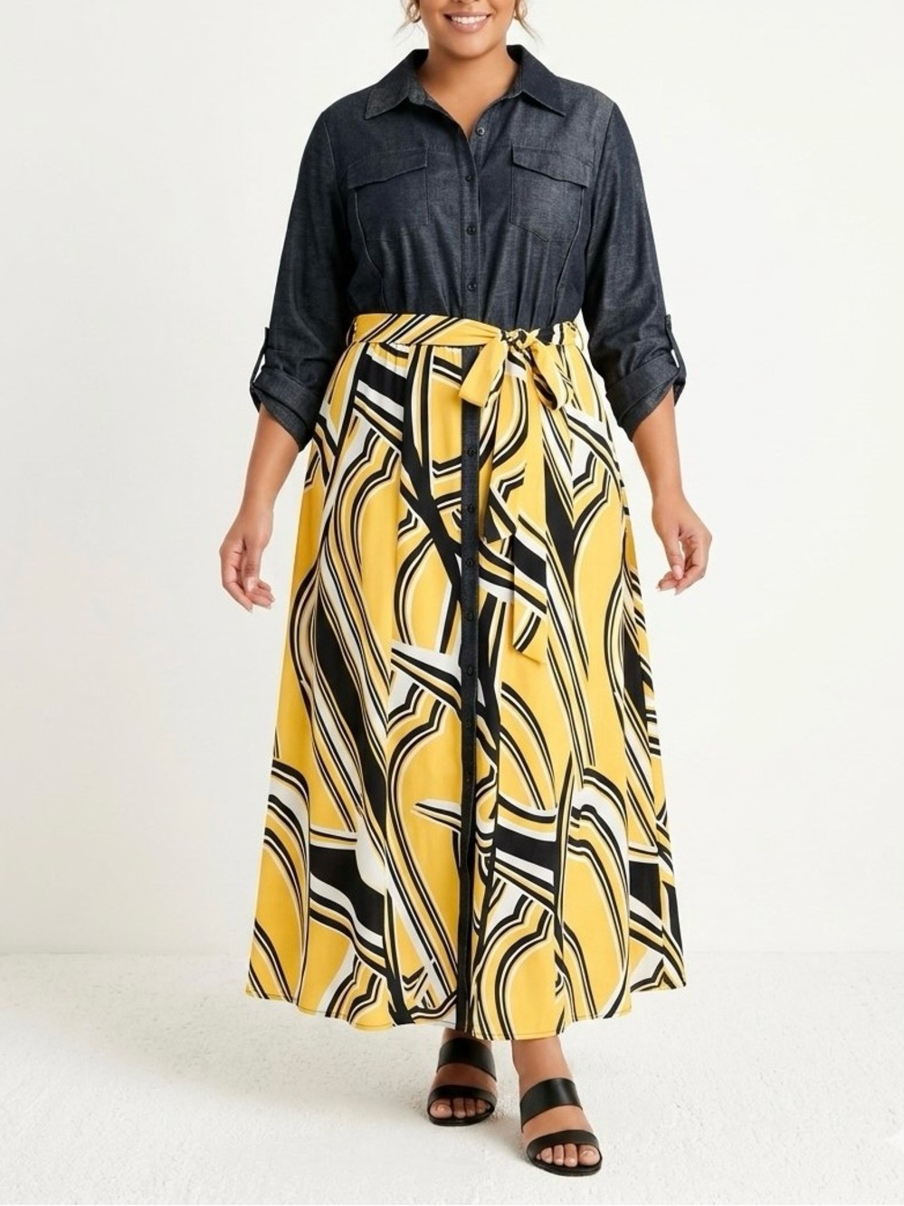 NWT Ashley Stewart Colorblock Denim & Yellow Abstract Print Maxi Dress 22/24